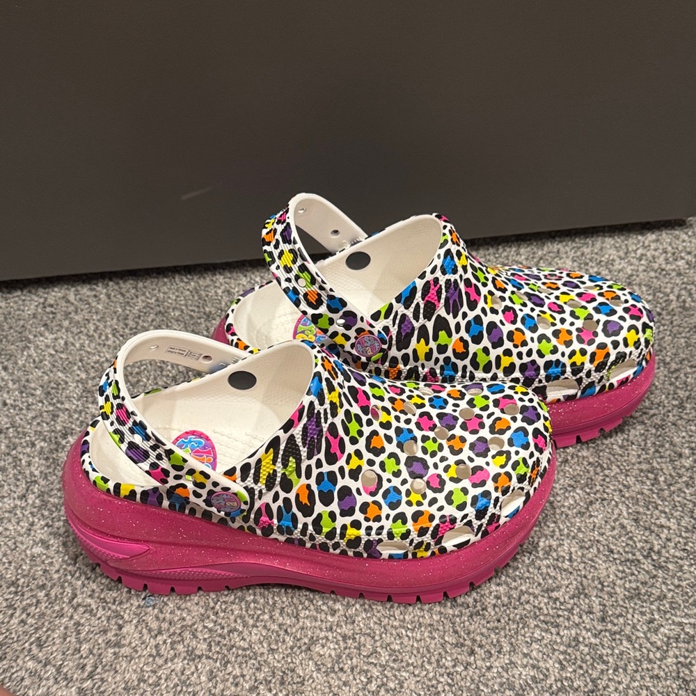 CROCS Lisa Frank Leopard Print Mules with Pink Soles